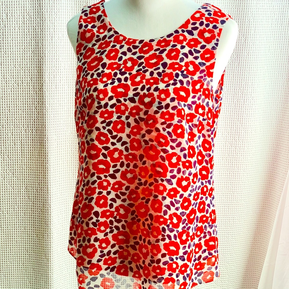 CAbi Red, Black & White Poppy-Print Blouse, Sz S